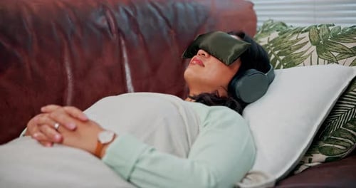 Psilocybin therapy, psychology and woman with headphones and eye mask for depression