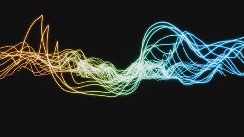 Colorful thin neon lines chaotically moving on black background. Motion graphics
