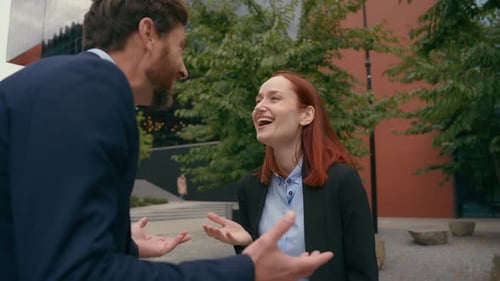 Work Break in City Office Outside Collaboration Business Partners Happy Laughing Talking Colleagues
