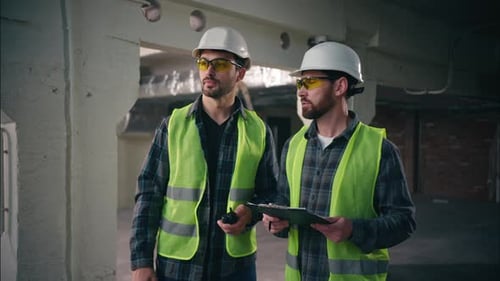 Professional Caucasian Architects Males Guys Foremen Mechanics Teamwork Men Miners Speaking Building