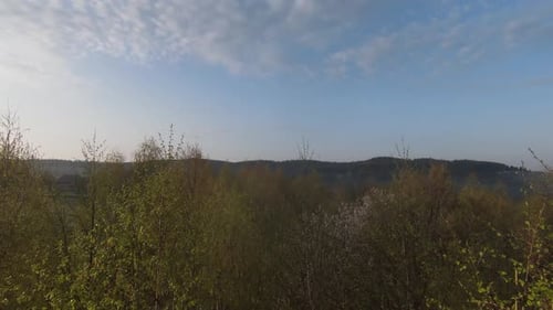 Fast and Maneuverable Flight Over the Hill with Forest and Tree Tops with a Beautiful Sunset in the