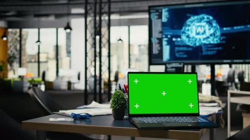 Green Screen Laptop AI in Empty Silicon Valley Company Office
