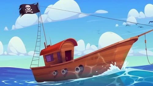 Karikatur-Piratenschiff mit Totenkopfflagge segelt im Meer - Treasure Hunter