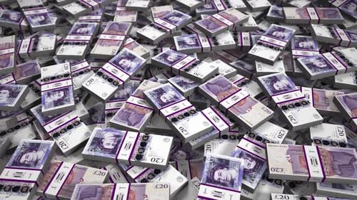 Falling British Pound Twenty GBP Banknotes Stacks Animation