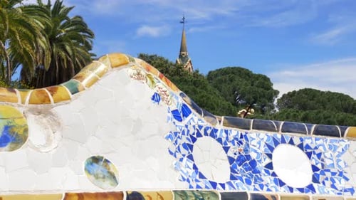 Details of The famous bench mosaics at the Park Guell by, Gaudi in Barcelona, Spain