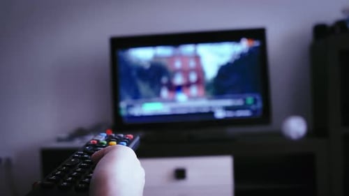 TV Channel Surfing Woman on Sofa with Remote Control