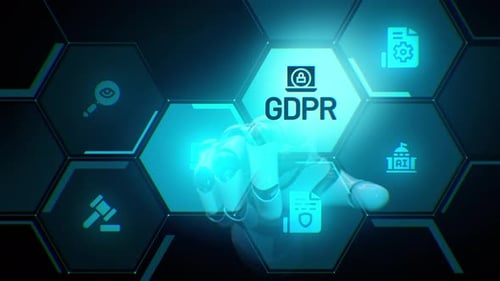 Robotic Hand Interacts with Futuristic GDPR Data Protection Interface