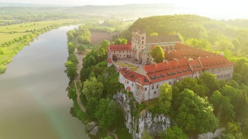 Aerial View of Benedictine Abbey in Tyniec Poland at Dawn