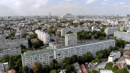 Aerial view of Bucharest, parliament building in background Bucharest Romania