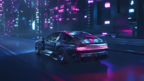 Retro Futuristic Cyberpunk Night City Car Neon Lights Speed Drive