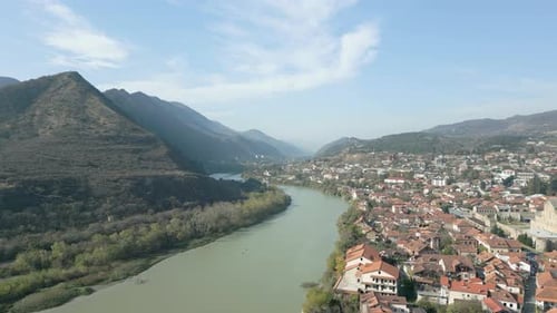 Panorama View Of Green Mountains, over looking Mtkvari And Aragvi Rivers In Mtskheta, Georgia