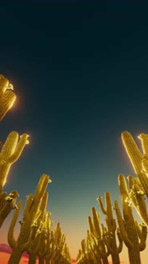 Golden Cactus Rows in Desert Sunset