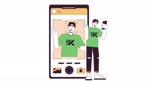 Asian man making selfie on phone line 2D animation