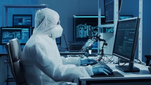 Microelectronics Engineer Works in a Modern Scientific Laboratory on Computing Systems and