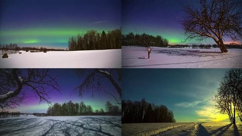 Four different views of night sky and Aurora borealis, fusion time lapse