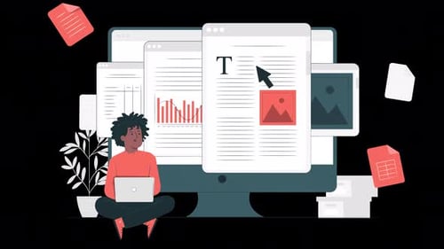 pessoa estudando no computador fazendo um relatório, trabalhando na animação por computador 4k com canal alfa