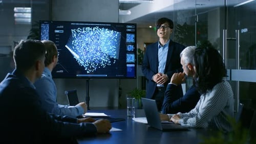 In the Conference Room Chief Engineer Presents to a Board of Scientists New Revolutionary Approach