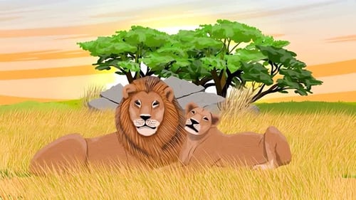 Lion & Lioness Resting in African Savanna - Safari Wildlife Animation - Cartoon Animals