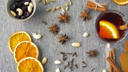 Overhead festive mulled wine ingredients for Christmas
