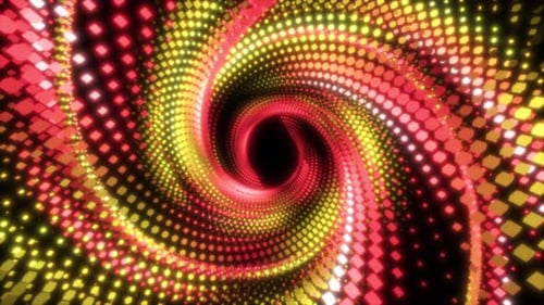 Túnel abstracto de luz de neón con movimiento en espiral azul y amarillo