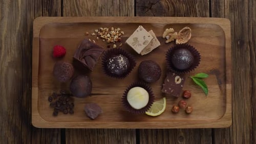 Delicious overhead view of handmade chocolate truffles and fudge with ingredients