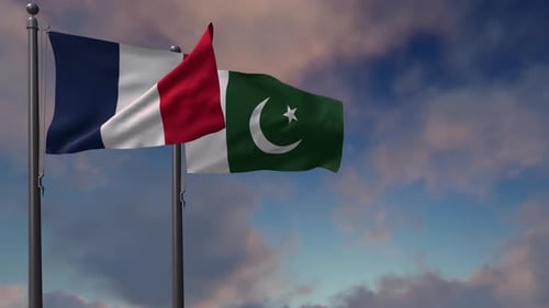 French And Pakistani Flags Waving Against A Cloudy Sky