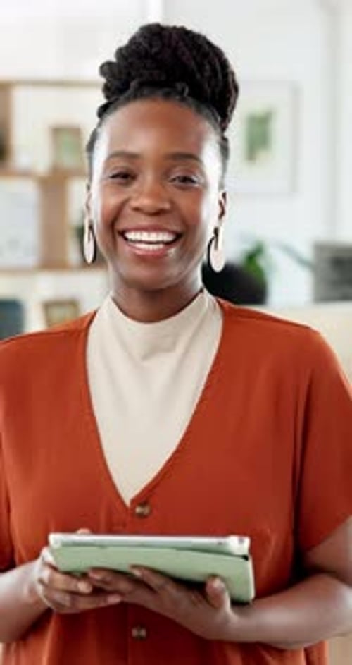 Creative, tablet and face of black woman in office for research, digital magazine and journalism