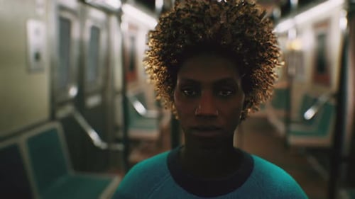 Thoughtful 3D Character in Moving Subway with Dynamic Lighting