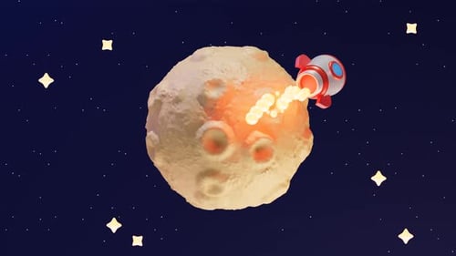 Start zum Mond: 3D-Animation einer schnell fliegenden Rakete mit schwarzem Hintergrund.