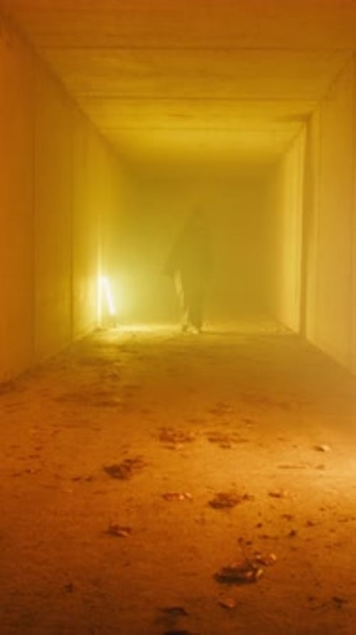 Figure Walking Down Dimly Lit Tunnel at Night