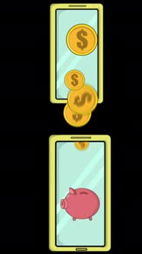 Monedas que caen de la pantalla superior del teléfono a una alcancía dentro de la vertical alfa inferior del teléfono