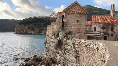 Budva Old Town Historical Buildings and Fortress Wall Overlooking the Sea and Mountains