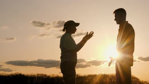 Inmitten des Leuchtens der untergehenden Sonne liefern sich Silhouetten eines Mannes und einer Frau einen leidenschaftlichen Streit