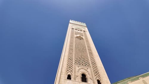 Hassan II Mosque Tower minaret clear blue sky in Casablanca Morocco