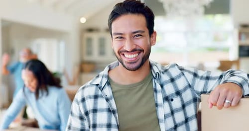 Happy man, box and real estate for moving in new home, property or mortgage loan with family