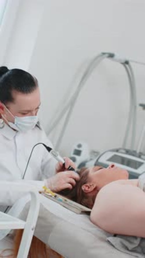 Trichologist Doing Woman Hair Regeneration Procedure Dermapen Microneedling Vitamin Injections