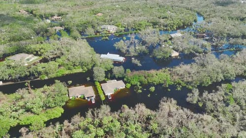 Hurricane Ian Flooded Houses in Florida Residential Area