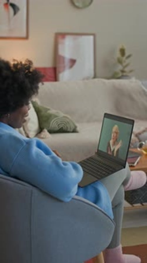 Woman Video Conferencing with Blond Woman on Laptop