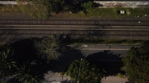 Empty railway in summer, top view, static frame
