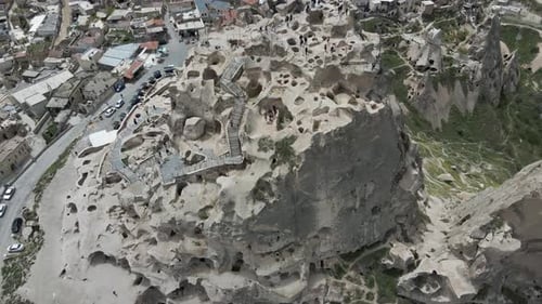 Aerial view of Uchisar Castle in Uchisar old town, Cappadocia, Turkey.