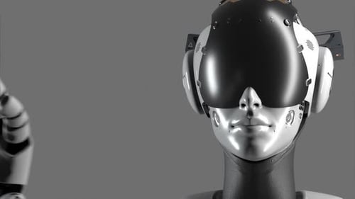 Futuristic Cyborg Robot Head with Hand Gesture Animation