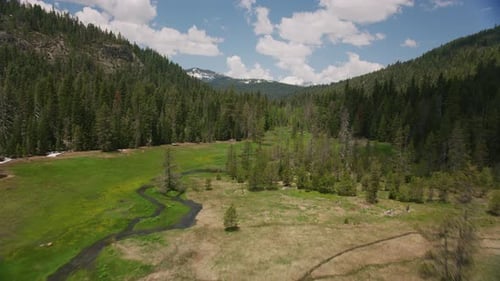 Cascade Mountains, California Circa-2019. Aerial View of Lush Valley. From Helicopter