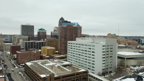 Ascending Aerial Shot of Downtown Des Moines, Iowa in Winter
