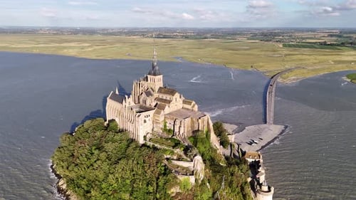 Bird's-eye view of Mont-Saint-Michel tidal island in Normandy, France