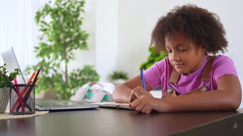 Focused Girl Writes at Desk in Bright Home