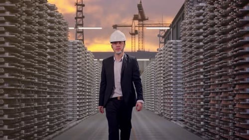 Front View of Asian Businessman Walking at Aluminium Stock