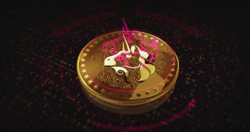 Boucle de pièces dorées à cryptomonnaie Uniswap Uni sur écran numérique