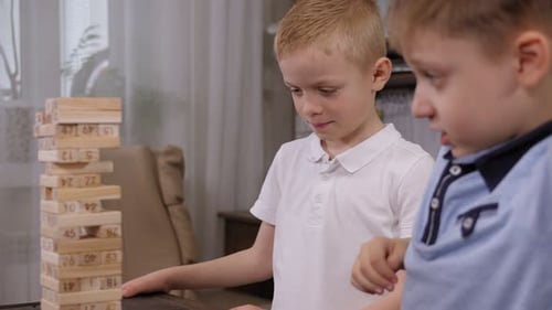 Two Cheerful Little Boys are Playing a Board Game with Wooden Blocks at Home