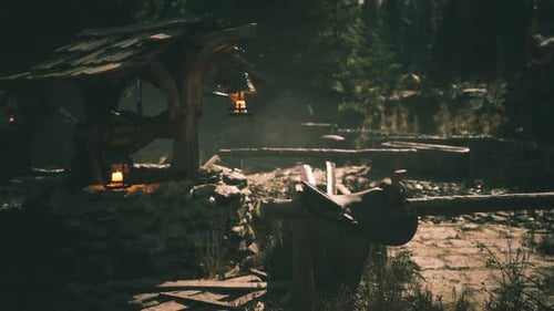 Puits rustique avec lanternes entourées d'arbres dans un cadre paysager serein