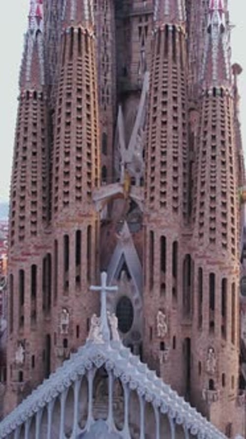 Sagrada Familia Cathedral, Barcelona. Vertical Drone Shot of Iconic Landmark